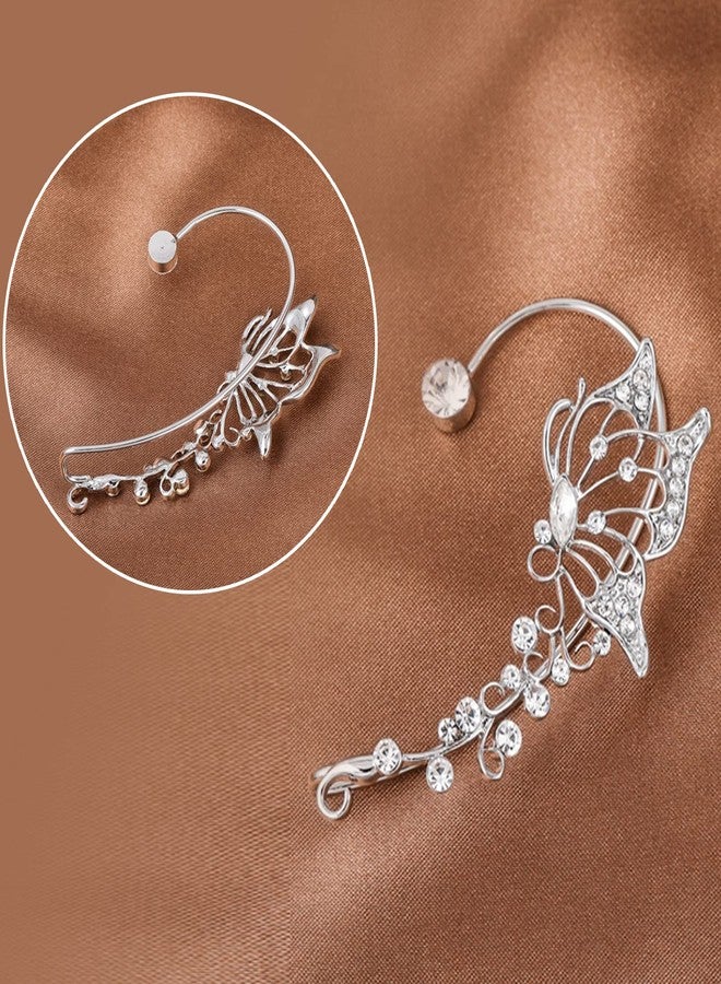 ATCEME 2 Pcs Butterfly Ear Cuff Earrings for Women Non Piercing Rhinestone Goth Fairy Elf Ear Cuff Butterfly Ear Wrap Earrings for Bridal Wedding Prom For Teen(Silver) - Image 3